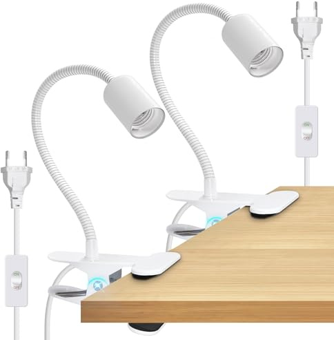 Klemmleuchte E27, 2 Stück Lampe für Bett, Fassung E27 mit Klemme mit Schalter und 220 cm Kabel, Leselampe mit Metallclip, Spotlight mit Schwanenhals, verdickt von 35 cm, für Tisch