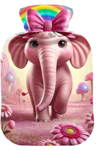 Cute Pink Elephant Rainbow Hot Water Bottles with Soft Cover Feet and Bed Warmer Hot Water Bag for Hot and Cold Compress, 2 Liters