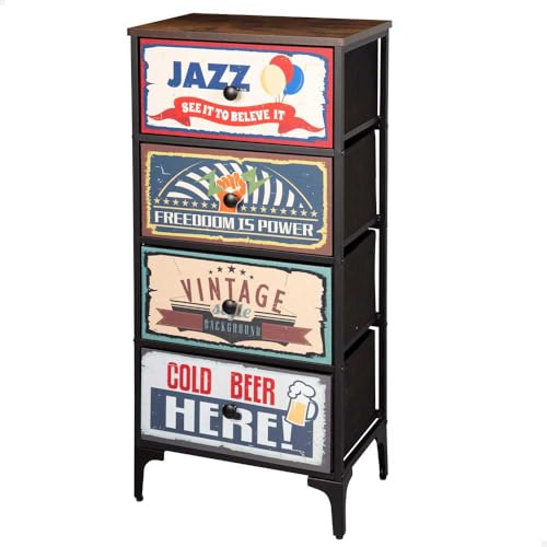 AKTIVE Max Home Mehrzweck-Schlafzimmerkommode, Retro- und Vintage-Grafiken, 4 leichte Stoffschubladen, 45 x 30 x 89 cm, Stahlrahmen, Holzplatte, Nachttische, Wohnzimmermöbel (18401)