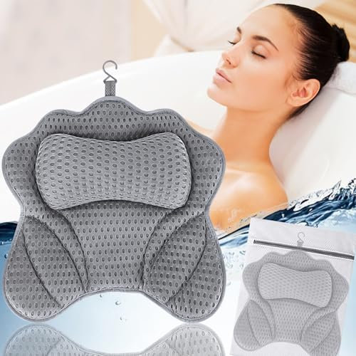 YIYADI Cuscino da Bagno,Cuscino Vasca da Bagno 4D Mesh,Cuscini Poggiatesta da Vasca con 6 Ventose Antiscivolo per Vasca da Bagno,Spa Domestica Bagno accessori per vasca da bagno,Grigio
