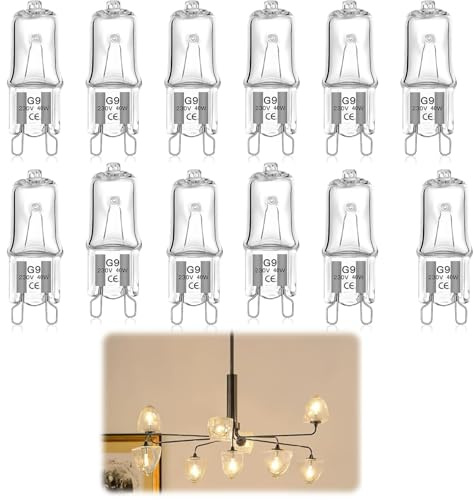 Raykce 12 Pack G9 Halogen Light Bulbs 40W - 230V 2800K Warm White Dimmable | LED G9 Bulbs Energy-Saving Clear Glass Wax Burner Capsule Bulbs, for Ovens, Chandeliers, Ceiling Lasting Lighting