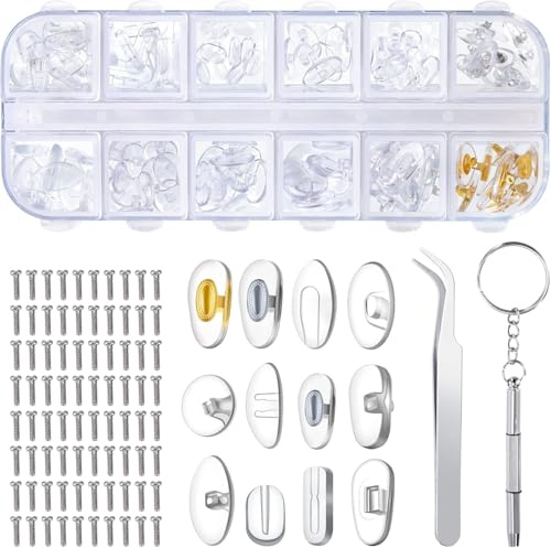Zhenghebuy Glasses Nose Pads Silicone Brille Nasenpads Silikon Brillen Reparatur Set mit 80 Schrauben Pinzette Kleiner Schraubendreher für Brillen Lesebrillen 12 Stile 60 Paar Brillen-Zubehör