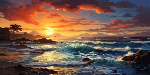 Malen Nach Zahlen Sonnenuntergang Malen Nach Zahlen Erwachsene Strand DIY mit Rahmen Ölgemälde Set Malen Basteln, mit Pinseln Acrylfarben Kreativ Set für Erwachsene,Home Wand Dekor 50x100cm E-1366