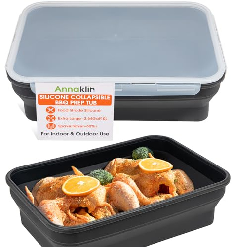 Silicone Collapsible Marinating Container with Lid for Meat, Extra Large Collapsible BBQ Prep Tub, 2.64Gal/10L, Transparent Locking Lid, XL Grill Prep Trays and Carry System, BBQ Must-Have, Black