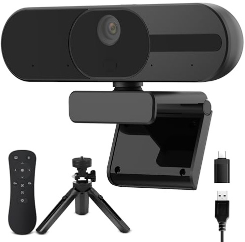 Webcam 4K con altoparlante e 4 microfoni AI con cancellazione del rumore, fotocamera grandangolare per PC con telecomando, messa a fuoco automatica, copertura della privacy, treppiede, ideale per