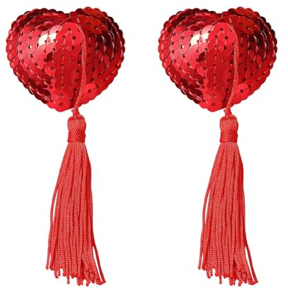 1 Pair Nipple Covers for Women - Red Heart Shaped Breast Pasties Breast Bra with Sequins Tassel Adhesive Nipple Cover Stickers, Nipple Stickers with Tassels for Costume Couples Party Accessory