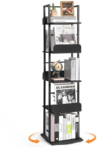 Bikoney Drehbares Bücherregal, 5-stöckiges Bücherregal Turm für Ecke, kleines schmales Bücherregal, hohes industrielles Bücherregal, Holz und Metall, Schwarz