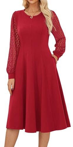 GRACE KARIN Women’s Semi Formal Elegant Dresses Lace Long Sleeve Casual Solid Dress for Cocktail Party Wedding XL Red