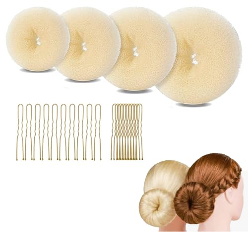 4 Pcs Hair Bun Shaper Set,Ring Style Hair Donuts for Buns With 20 Golden Bobby Pins,Beige Hair Bun Maker for Girls Kids Women DIY Chignon Hair Styles Dancer Ballerina(Four different sizes)