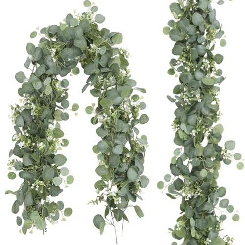 2 stycken konstgjorda eukalyptusgirlanger 180 cm (71 tum), gröna blad, dekoration med vita blommor, för bröllop, fest, matbord, öppen spis, trappor, dörrkarm