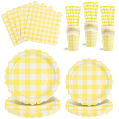Lot de 80 pièces Vaisselle de fête à carreaux vichy Jaune, Assiettes, Gobelets, Pailles et Serviettes pour tea party, anniversaires, mariages, baby shower et décorations de fête (Jaune)