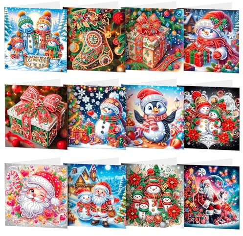 HNLMZ 5D Diamond Painting Weihnachtsgrußkarte 12 Stücke Weihnachtskarte Strass Handwerk Grußkarte,Handgefertigte DIY Weihnachten Grußkarten,Diamant Painting Geschenkkarte für Weihnachtsdeko