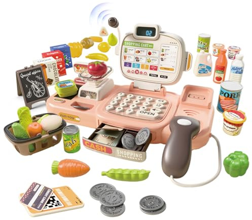 77PCS Cash Register Play for Toddlers 3-6 Years Old Boys & Girls, Pretend Supermarket with Cash Register, Scanner, Calculator, Coins, Bills, Card & Mobile Payment, Sound, Educational Toy