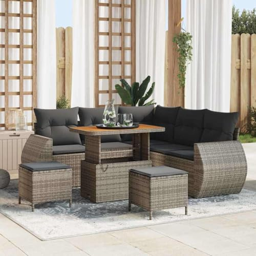 Teenpull Trädgårdssoffa set 8 delar, grå polyrotting, akaciaträ, utomhusmöbler, terrassmöbler, loungesoffa för trädgård, uteplats, balkong, mysig sittgrupp