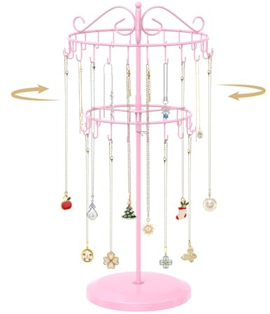 TANOSAN Kettenständer Schmuck Organizer mit 42 Haken, Rosa, 2-stufig | Drehbarer Kettenhalter aus Metall, höhenverstellbar für lange und kurze Halsketten, Tangle-free Aufbewahrung für Damen Herren