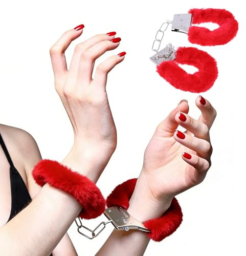 DOKRIN Handschellen für Bondage,Ein Paar Metallhandschellen mit rotem Plüschbesatz, Geeignet für Spielzeugpartys