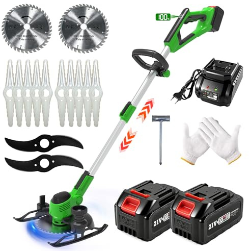 Desbrozadora Electrica, 21V Desbrozadora Batería, Cortabordes Bateria con 2 Baterías, Multifunción Cortacesped Eléctrico, Telescópico, Cabezal Pivotante 90° para Césped Jardín Poda, Verde
