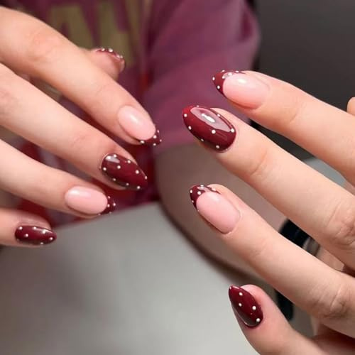 24PCS Elegant Burgundy Polka Dot Press On Nails Short Almond - French Tip False Nails with Two Tone Design & Glossy Finish, ABS Set for Women Wedding Guest Dinner Events Classic Style