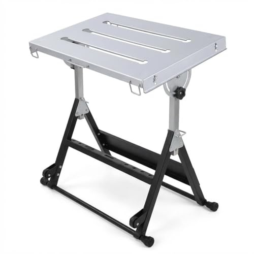 Folding Welding Table, Steel Portable Workbench Table with Heavy Duty Steel Plate, 3 Tilt Angles & 180kg Load Capacity, Adjustable Height Workbench for Garage, Workshop & DIY Projects
