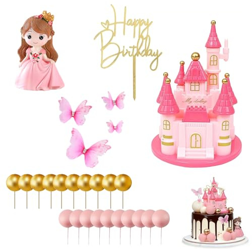 28Pcs Princess Cake Toppers, with Organza Butterfly Balls Cake Toppers Girls Butterfly Sign Birthday Princess Birthday Decorations, for Shower Girl Princess Birthday Party Supplies