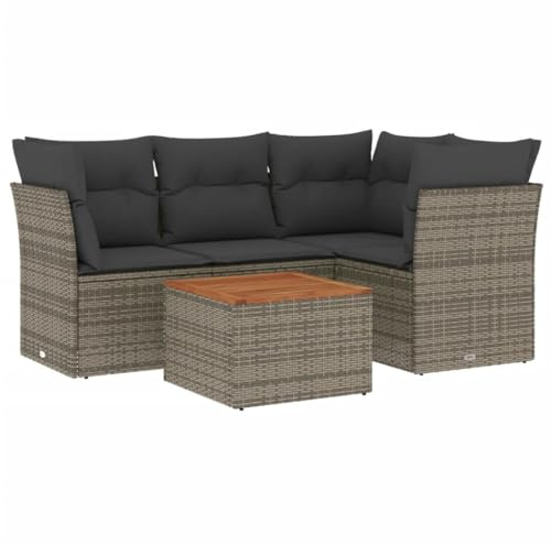 XHNIFBN 5-teilige Garten-Sofagarnitur, Lounge-Set aus Poly Rattan mit Akazienholz-Tisch, modulare Sitzgruppe für Terrasse und Garten, inkl. Sitz- und Rückenkissen, Grau