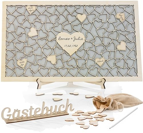 Wedding Gästebuch Hochzeit mit Holzherzen I Perfekt Hochzeitsdeko I 101 Herzen I Holzen Rahmen zum Befüllen I Hochzeitsgästebuch mit Ständer und Informationstafel I Geschenk zum Hochzeitstag