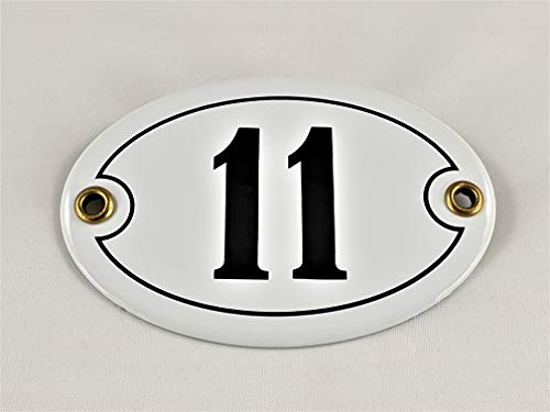 Emaille Hausnummer Schild Nr. 11, oval, Weiß-Schwarz mit Schrauben und Dübel Handarbeit