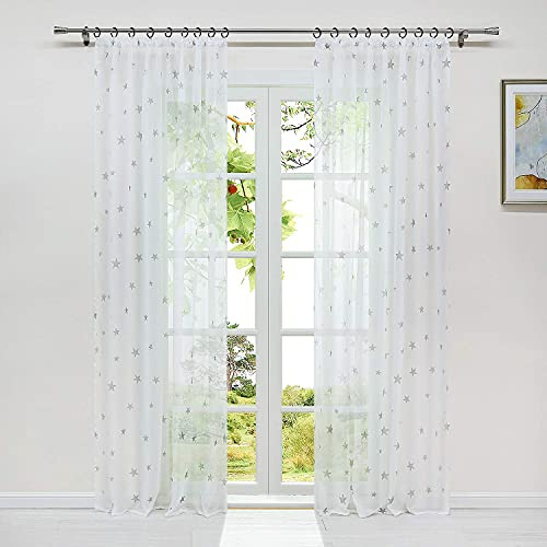 HeichkelL Vorhang Voile Sterne Druck Transparent Gardine mit Kräuselband 1 Stück Dekoschal Fensterstore für Kinderzimmer Wohnzimmer BxH 140x145cm Weiß-Grau