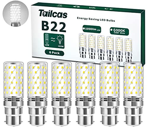 Tailcas B22 LED Bayonet Light Bulbs, 12W Bayonet LED Bulb 6000K Daylight White (Equivalent 100W 150W), 1000Lumen, Not Dimmable,230V Bayonet Cap Energy Saving Bulbs for Home Lighting, Pack of 6
