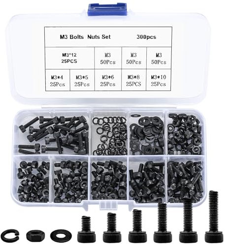 300 Pz M3 SetViti Bulloni Esagonali e Rondelle Viti Assortimento Bulloni Kit, Set Dadi e Viti, Rondelle Vite Testa Bottone Esagonale Nero - 4/5/6/8/10/12mm