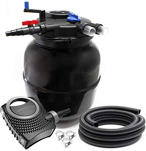 SunSun Kit complet: CPF-5000 Filtre de bassin à pression jusqu’à Moving Bed 13000L avec 55 W Lampe uv, NEO8000 SuperEco pompe 8000l/h 70W, 10m Tuyau 38 mm (1 1/2), collier de serrage W1 44-47mm