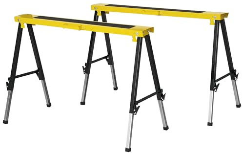 DURHAND Sägepferd Arbeitsbock 2er-Set 100 x 49 x 62-90 cm Gelb Schwarz | Unterstellbock, Klappbar, Rutschfest, Stahl, Belastbarkeit 100 kg