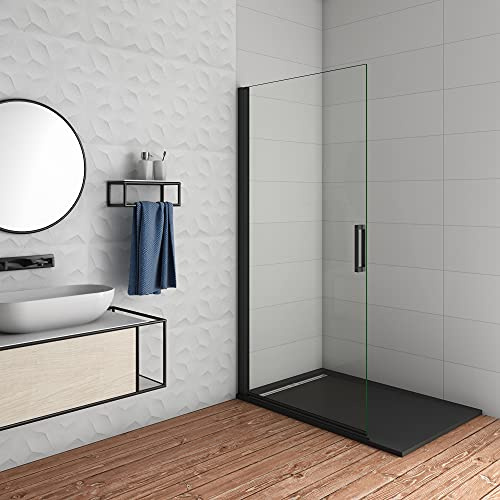 WALK IN Parete Doccia 86x200cm Movibile Battente vetro 8mm | Anticalcare, Trasparente Vetro Temperato, Porta Battente, Verso Interno Esterno, Telaio Nero Opaco