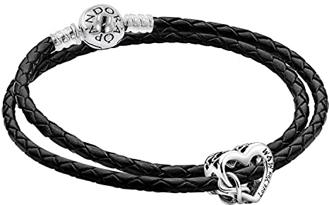 PANDORA Set Leder-Armband für Damen mit Charm Love You Mum 51520 | Bundle zauberhafter Armschmuck für Frauen, elegante Geschenkidee für Mütter Schwarz / Silber