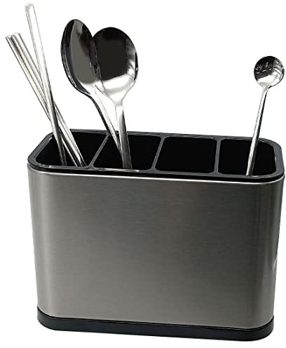 GARASANI Küchenutensilienhalter aus Edelstahl für Arbeitsplatte, 4 Trennwände, Abtropfschale, ABS, rutschfest, Küchentheke, Utensilien-Caddy Aufbewahrung, 18 x 13 x 8 cm