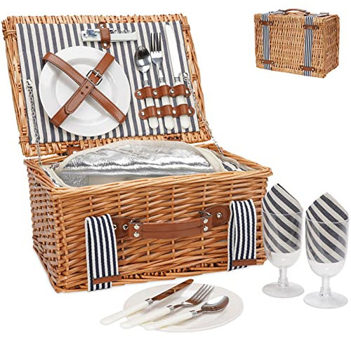 Picknickkorb-Set aus Weide für 2 Personen, handgefertigt, mit isoliertem Kühl- und Besteck-Set, Geschenkkorb für Paare, Valentinstag, Dankeschön, Geburtstag, Hochzeit, Party im Freien