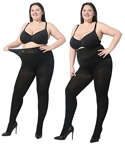 MOOCHI 2 Pairs Women's Plus Size Opaque Tights Black 1X/2X