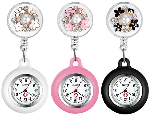 Avaner Schwesternuhren mit Clip Pulsuhr Krankenschwester Uhr Modische Dreidimensionale Blütenblatt Perle Dekoration Dehnbare Arbeitsuhr Taschenuhr für Krankenschwestern Ärzte