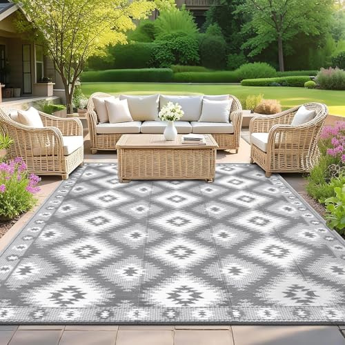 SHACOS Outdoor Rug for Patio Waterproof 180x270 cm Reversible Garden Rugs Plastic Straw Rug UV Resistant Lightweight Foldable Outdoor Carpet for Decking Camping Balcony RV Backyard, Grey