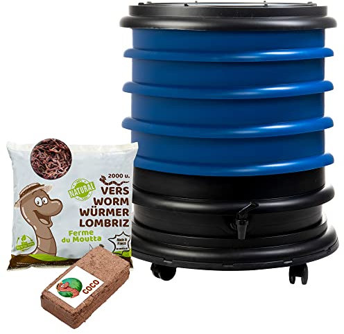 WORMbox | Wormery Worm Farm composter 4 Blue Trays + 1kg of Compost Worms / 2000 ctn + 1 Coco | 64 liters | Organic Waste Compost, make your Worm Castings