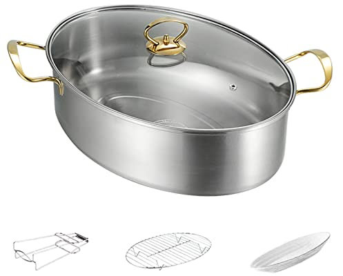 304 Edelstahl Gedämpfter Fischtopf, 8Qt Oval Küche Kochset Mit Rack, Keramikpfanne, Futter Fischdampfer Für Dampfende Fische, Kochende Suppe, Goldgriff