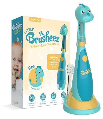 Brusheez Little Toddlers’ Sonic Toothbrush - Safe & Gentle Toothbrush for Ages 1-3 with Built-in, Light-Up 2-Minute Timer, Extra Brush Head, & Storage Base for First-Time Brushers (Rex the Dinosaur)