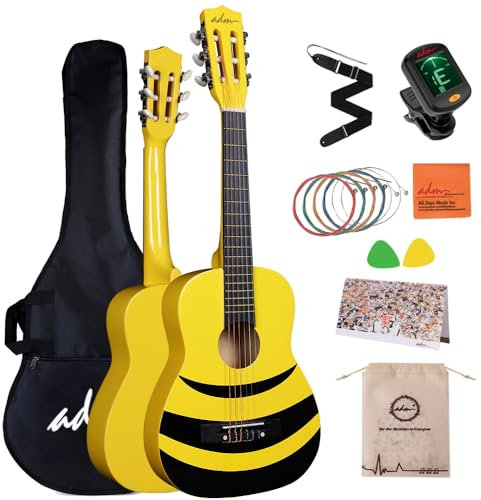 ADM 1/4 Kindergitarre Junior-Konzertgitarre für Anfänger mit Stimmgerät, Tasche, Gurt, Zusätzlichen Saiten und Plektren, gelb Honigbiene