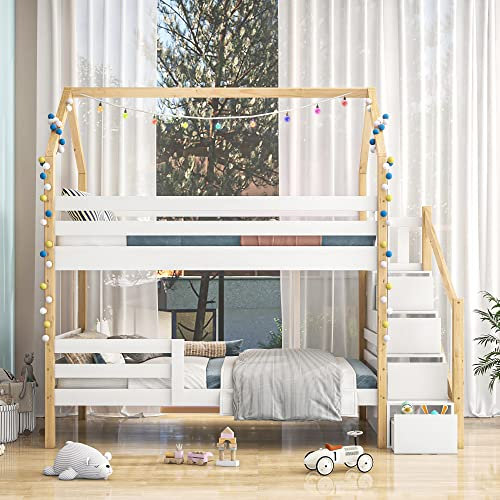 Hausbett kinder,Ins und aus dem Bett kommen,Jugendbett 90x200,Kinderbett in Hausform,Leiterschrank,ohne Matratze,weißund Holzfarbe