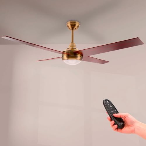 M mimotec - Ventilador de Techo con luz Led Easymal cuero/nogal 55W, mando a Distancia, Bajo consumo, motor DC 27W+Luz Led 18W, 6 velocidades,Silencioso,4 Aspas, invierno-verano, temporizador.