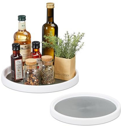 Relaxdays roterande tallrik, 2 delar Set, Ø 25 och 30 cm, vridbar kylskåpsförvaring, badrumsorganisatör, kryddhylla, vit/grå