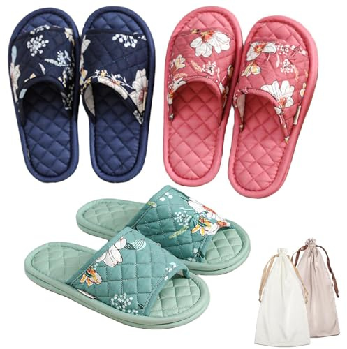 3 Pairs Floral Cotton House Slippers for Women, Open Toe Indoor Slippers Comfortable Washable Portable Foldable Guest Travel Hotel Airplane Spa Slippers (Solid Color Flower, 9-10.5, Adult, Women, 9, Numeric Range, US Footwear Size System, 10.5, Medium)