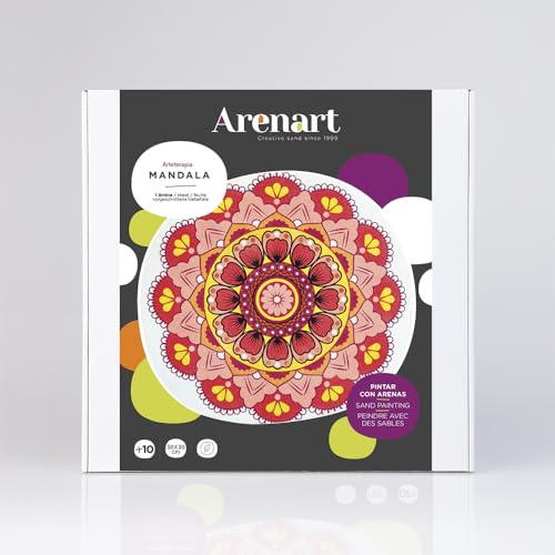ARENART Set mit 1 Mandala, 38 x 38 cm, zum Malen mit farbigem Sand, für Erwachsene und Jugendliche, einfaches Zeichnen, Malen nach Zahlen | +9 Jahre