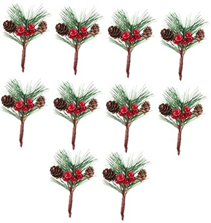 Cabilock 10 Pièces Tiges De Pin De Noël en Pin Faux Houx Plantes Artificielles Décoratives Décor De Pomme De Pin Carte De Voeux Fleur Séchée du Gui Nœud Garniture De Porte