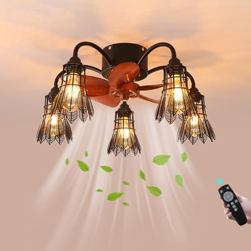 E27 Retro Ventilator Deckenleuchte Leise Deckenventilator Mit Beleuchtung und Fernbedienung Industriell Vintage Schwarzer Metallkäfig Fan Deckenlampe für Schlafzimmer Wohnzimmer Esszimmer Küche Lampe